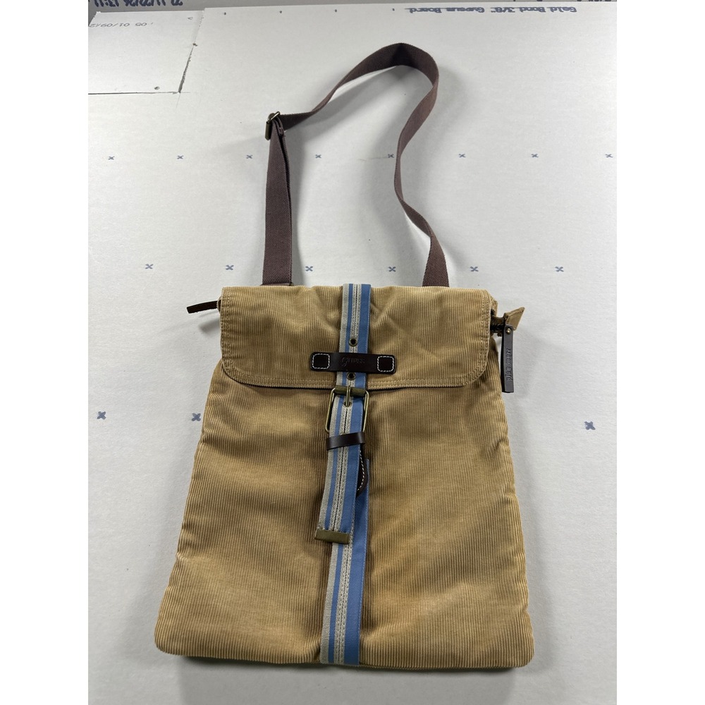 Guess Messenger Bag Tan Corduroy Blue Stripe Y2K Crossbody Adjustable Strap